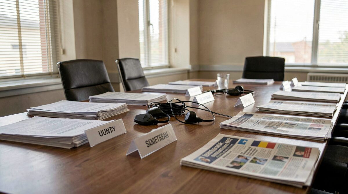 A briefing table in a conference side room, papers and name plates laid out