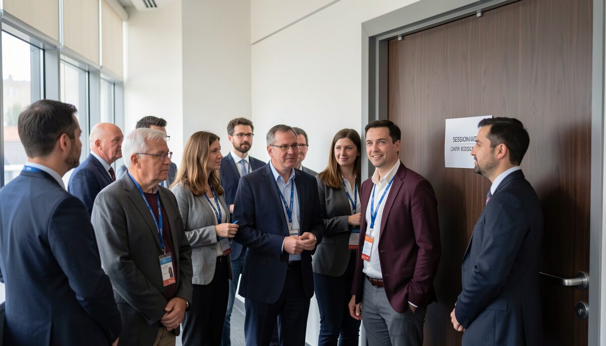A queue of conference observers waiting outside a closed meeting room door, badges on lanyards, a sign reading SESSION CLOSED TO OBSERVERS