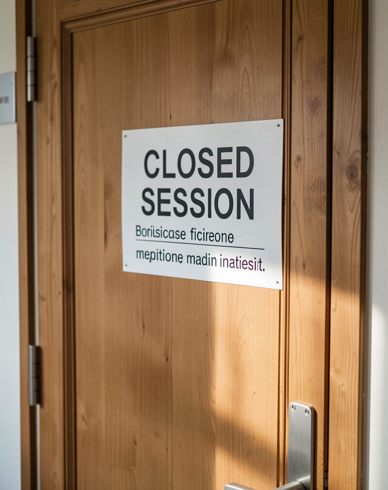 A door sign reading CLOSED SESSION in English and French