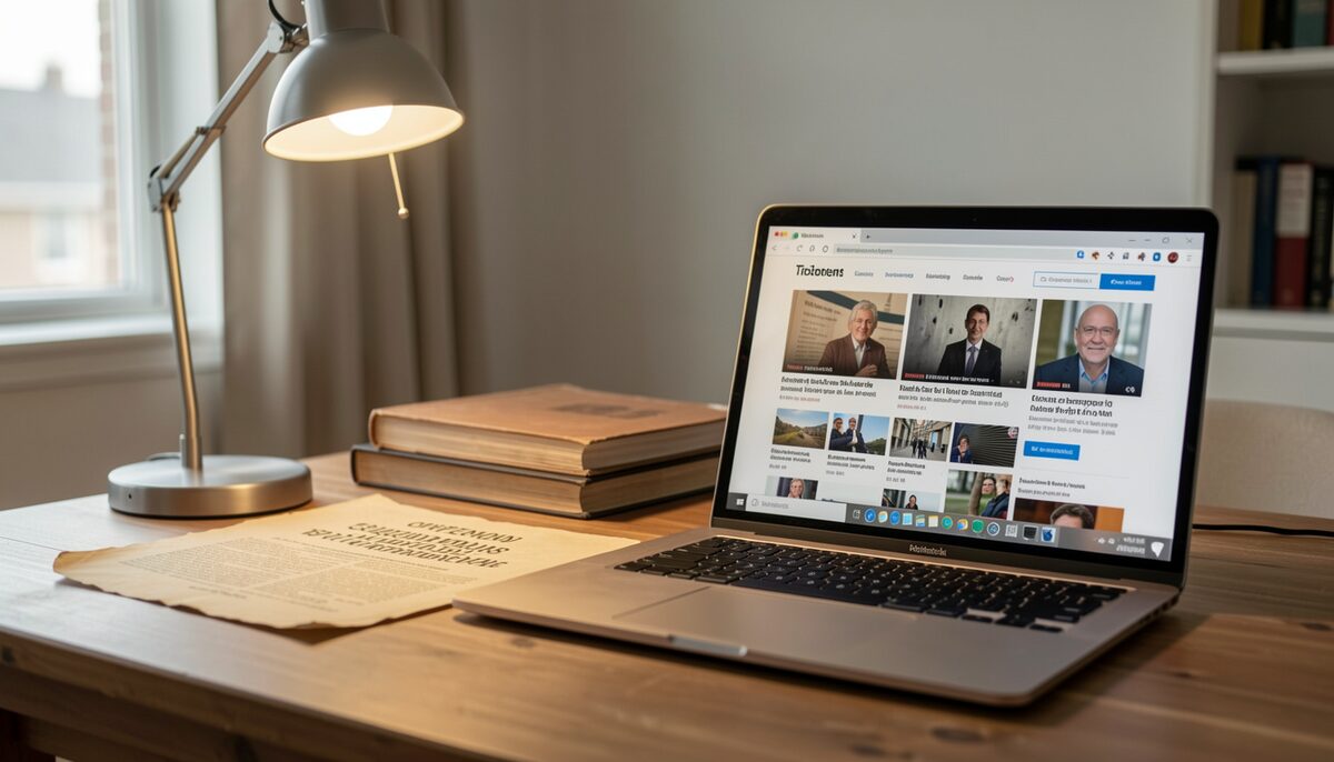 An old printed manifesto beside a modern laptop showing a current climate news page, both lit by the same desk lamp