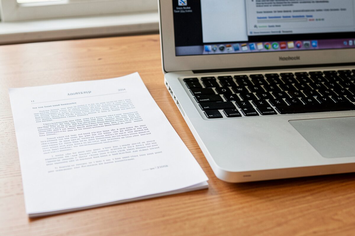 A printed document from 2004 beside a laptop showing a current webpage