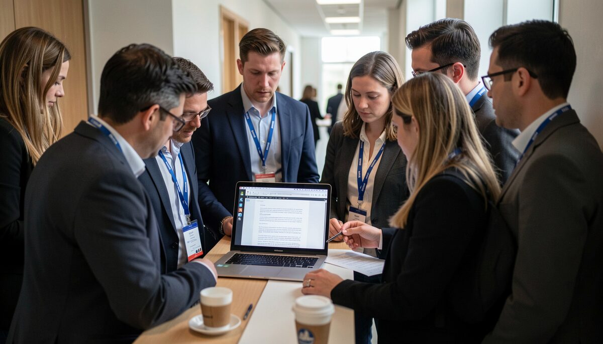 Delegates gathered in a corridor around a laptop screen reading a projected draft text, badges on lanyards, coffee cups on a ledge