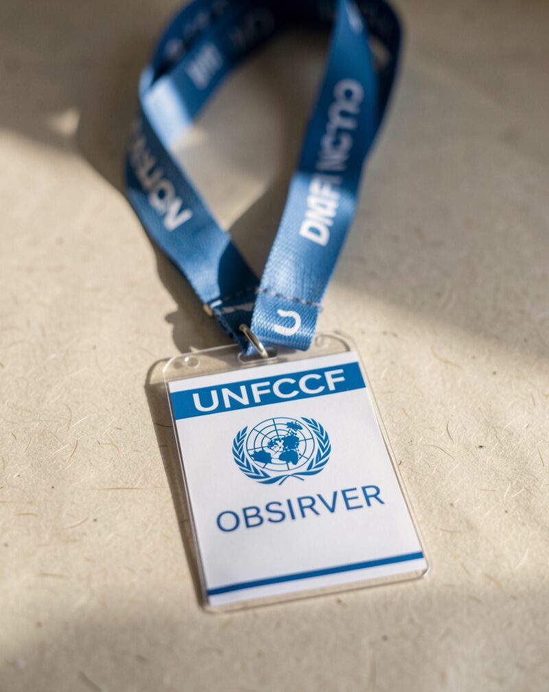 A lanyard with a UNFCCC conference badge reading OBSERVER