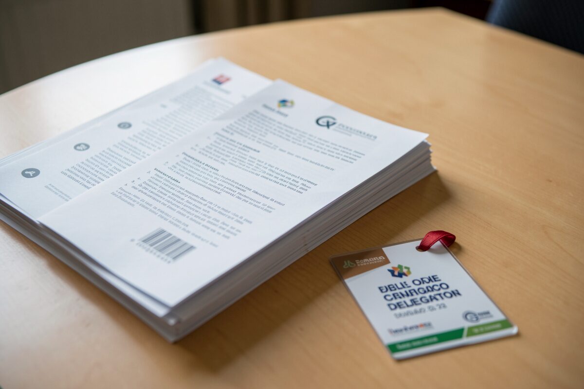 A stack of printed daily bulletins on a floor beside a conference delegate badge