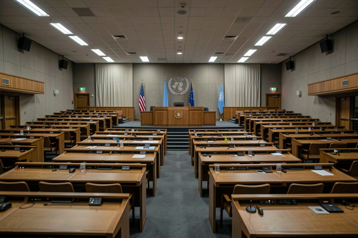 A wide view of a near-empty plenary hall before dawn, rows of desks under bright ceiling lights