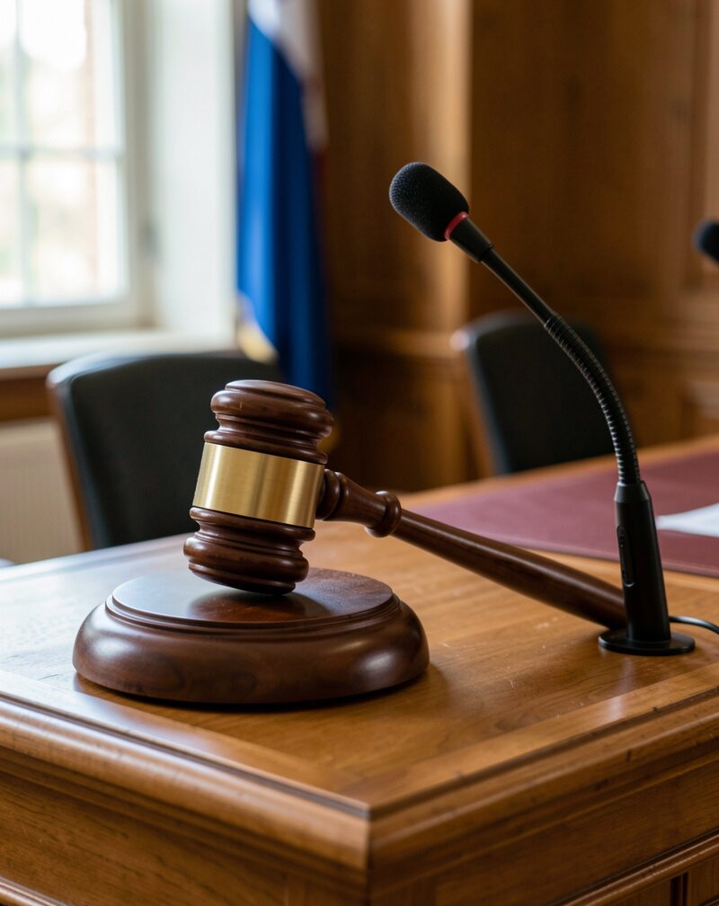A wooden gavel resting on a podium beside a gooseneck microphone