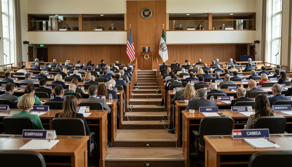 A plenary hall seen from the back row, tiered desks with flag name plates, interpreters' booths high on the wall, the presidential podium at the front