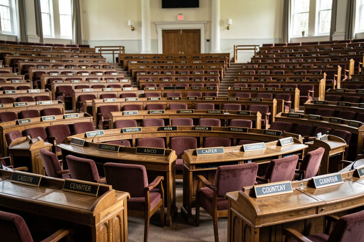 A wide plenary hall with tiered seating and country name plates on every desk
