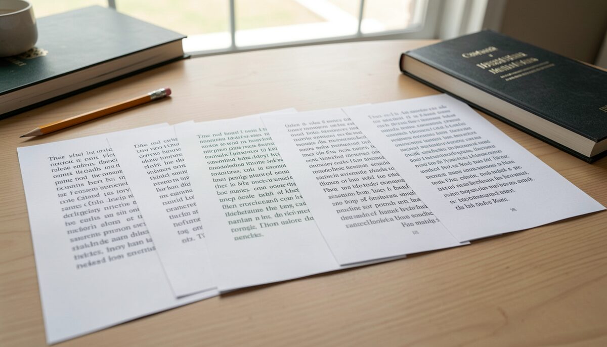 Six printed copies of the same statement laid side by side on a table, each in a different language, a translator's pencil and dictionary beside them