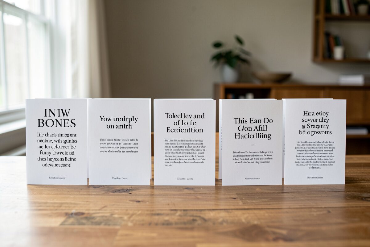 Several printed statements in different languages arranged on a table