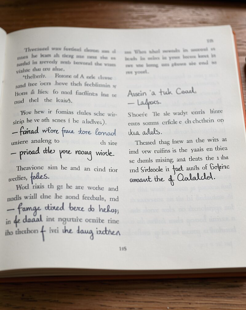 A translator's handwritten notes between two language versions of a text