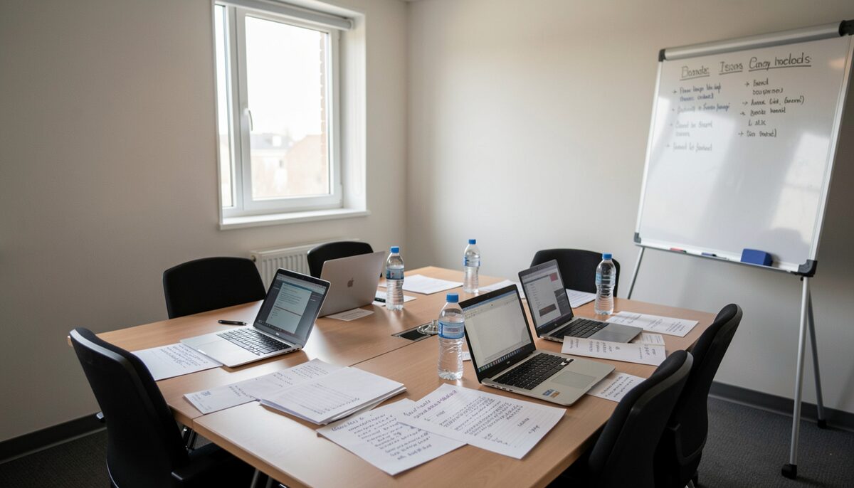 A small windowless conference side room with a U-shaped table, laptops open, paper drafts covered in handwritten annotations, water bottles and a flip chart
