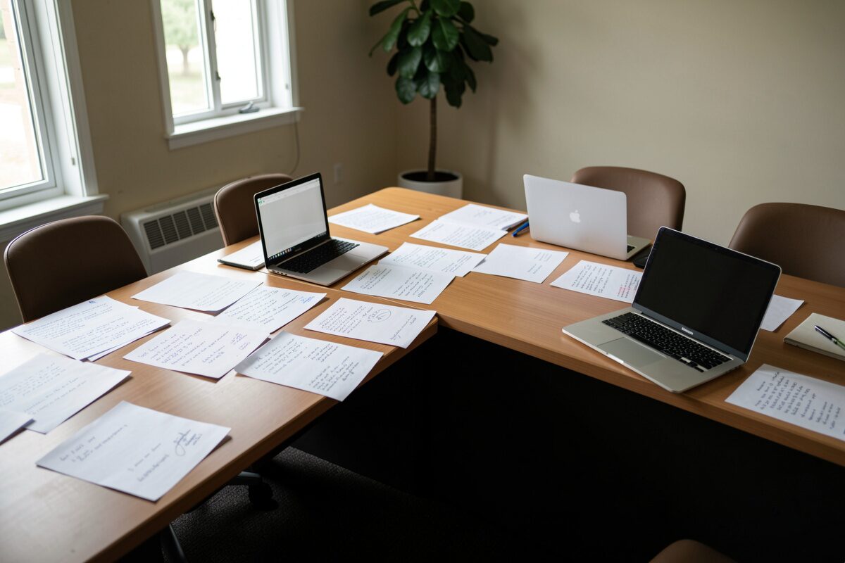 A U-shaped table in a side room covered with annotated paper drafts
