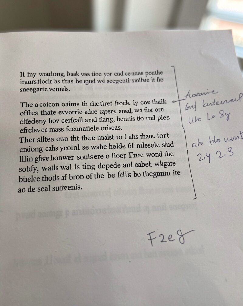 A printed draft paragraph with square brackets and handwritten corrections in the margin
