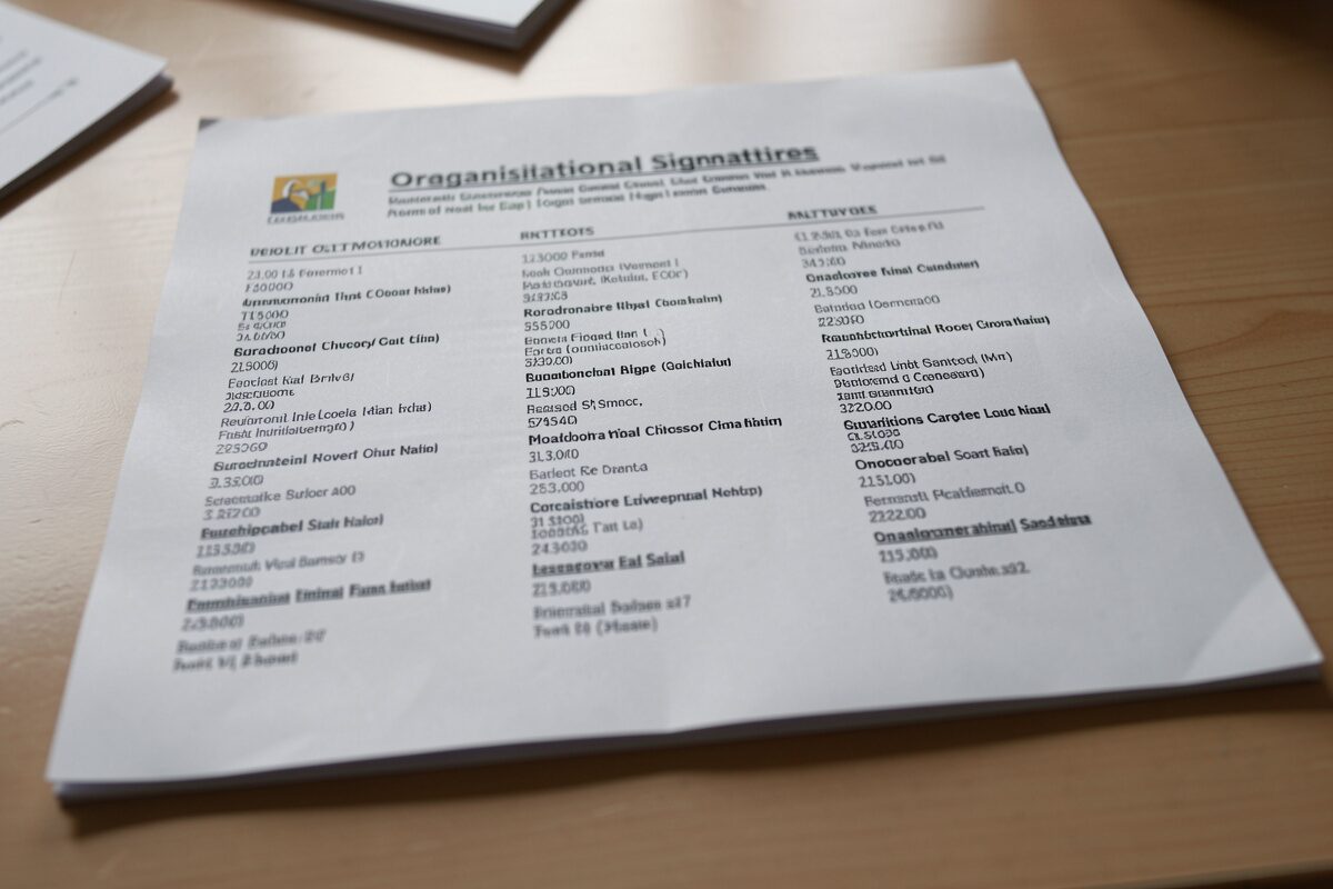 A printed page listing organisational signatories under a heading