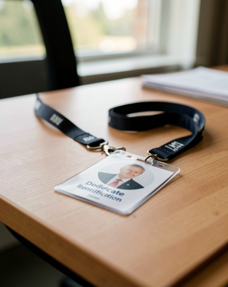 A delegate identification badge left face down on a desk