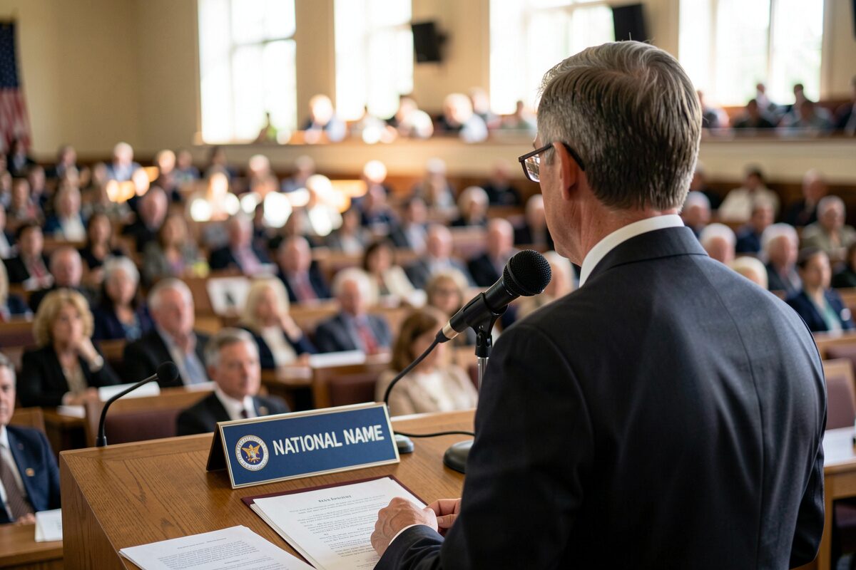 A delegate at a microphone in a plenary hall, national name plate in front