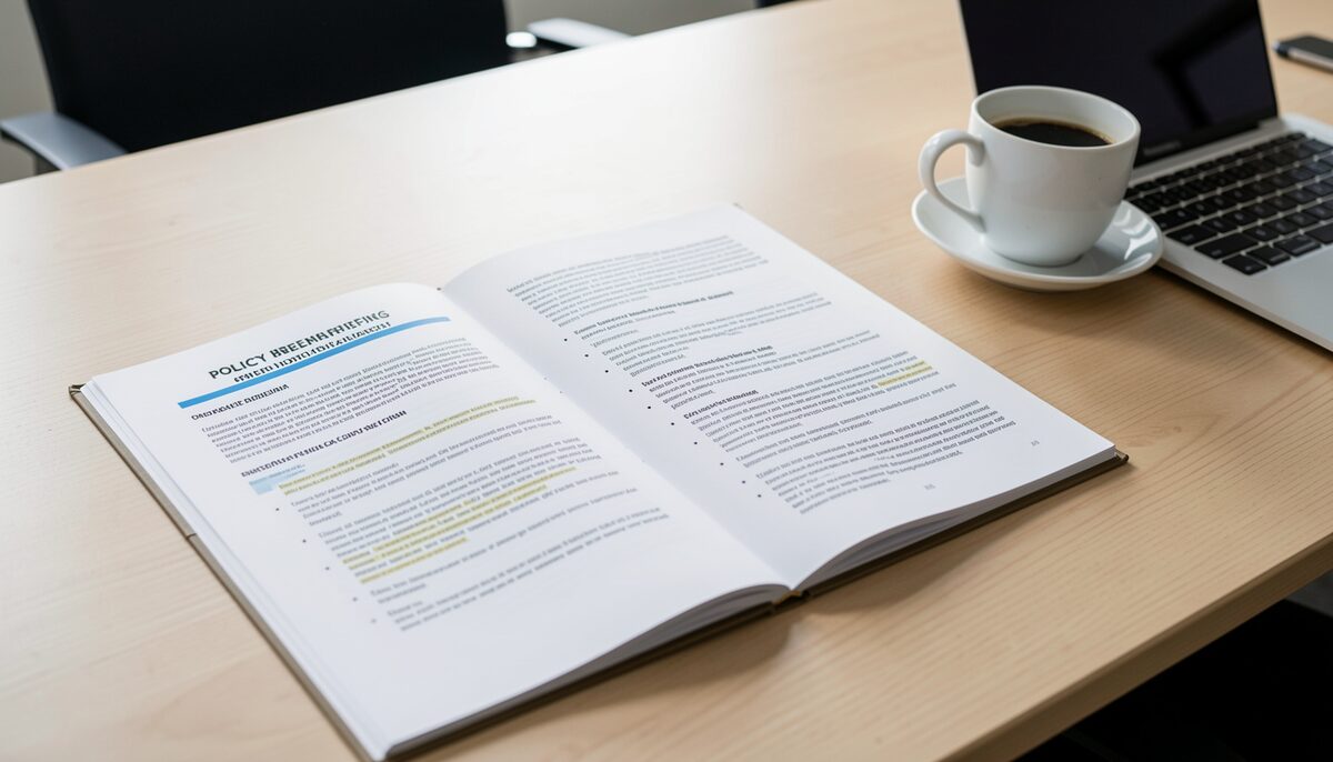 A printed two-page policy briefing held over a conference table beside a laptop and a coffee, the first page dense with a title and three bullet points