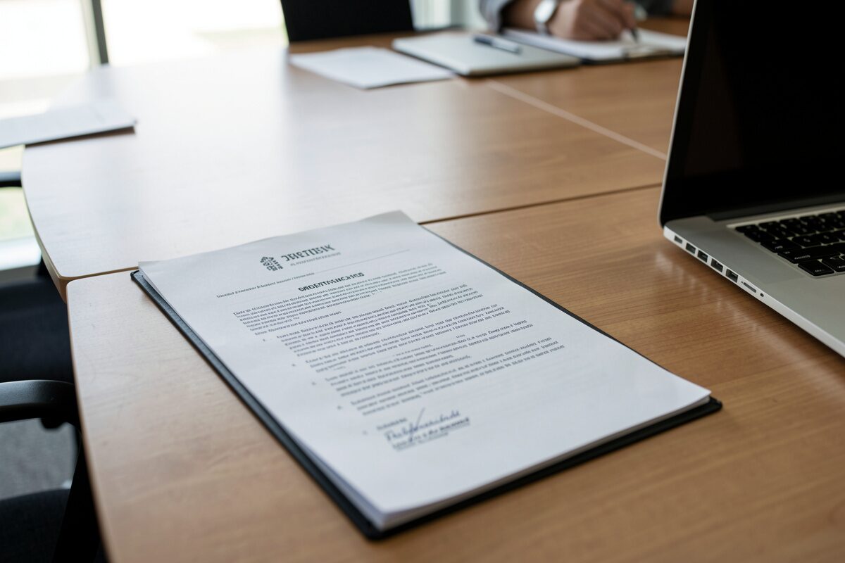 A printed briefing document on a conference table next to a laptop